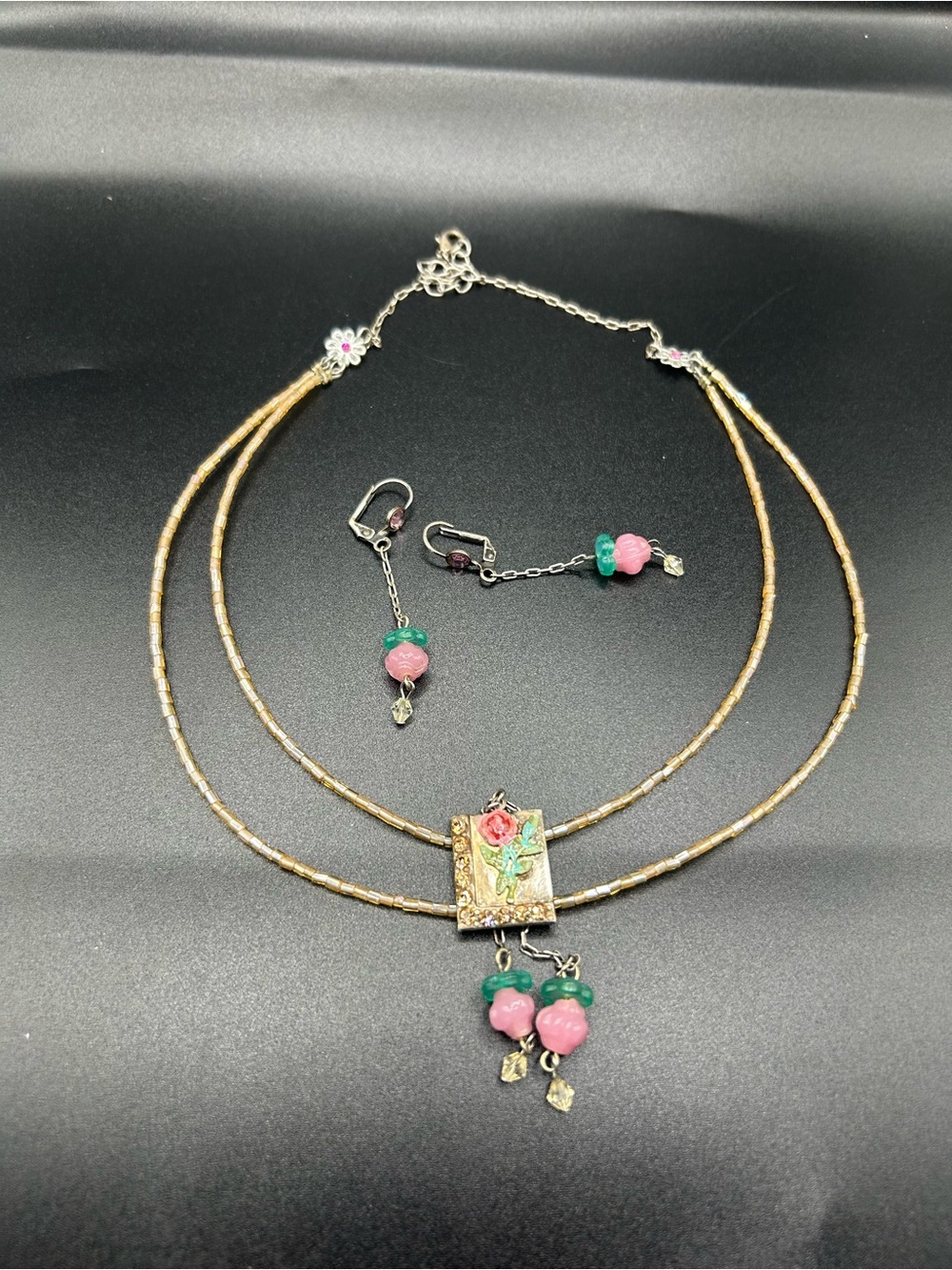 Handcrafted Pink Green Floral Pendant Necklace & Earrings Set- Orna Collection